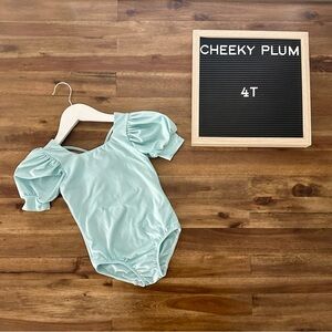 Cheeky Plum Girls Puff Sleeve Knit Leotard Baby Blue Short Sleeve Gymnastics 4T